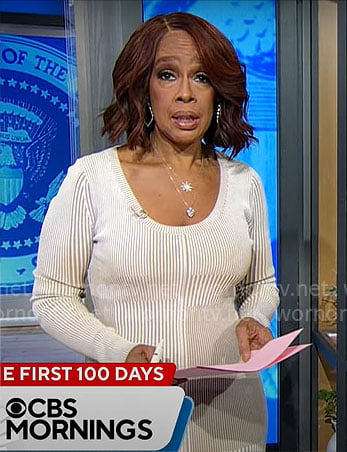 Gayle King’s beige rib knit dress on CBS Mornings