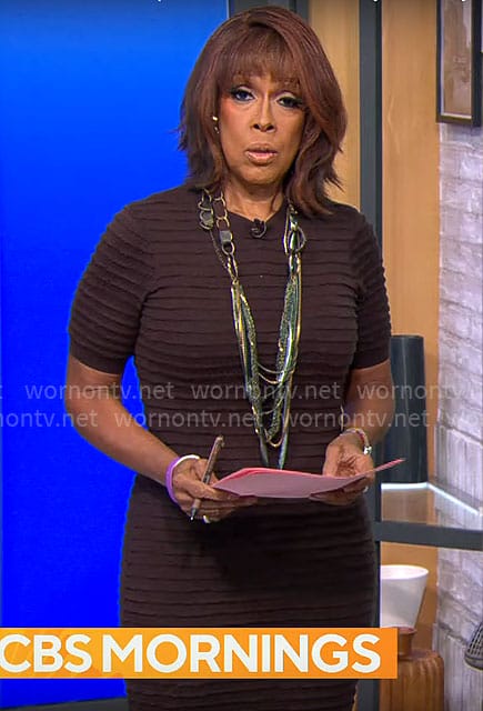 Gayle King’s brown ribbed short sleeve dress on CBS Mornings