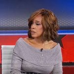 Gayle King’s grey off-shoulder sweater dress on CBS This Morning