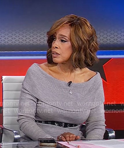 Gayle King's grey off-shoulder sweater dress on CBS This Morning