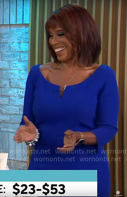 Gayle King’s blue notch neck dress on CBS Mornings