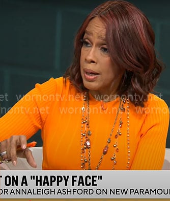 Gayle King’s orange rib knit dress on CBS Mornings