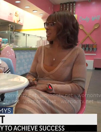 Gayle King’s beige striped v-neck knit dress on CBS Mornings