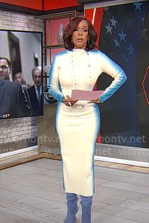 Gayle King's white and blue dress on CBS Mornings