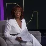 Gayle King’s white v-neck jumpsuit on CBS Mornings