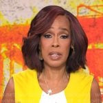 Gayle King’s yellow and white colorblock dress on CBS Mornings