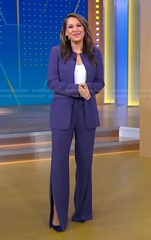 WornOnTV: Ginger's purple zip jacket and slit pants on Good Morning America, Ginger Zee