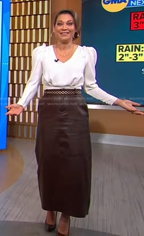 Ginger's white puff sleeve top and leather skirt on Good Morning America