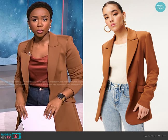 Good American Fitted Scuba Blazer in Burnt Caramel worn by Zinhle Essamuah on NBC News Daily