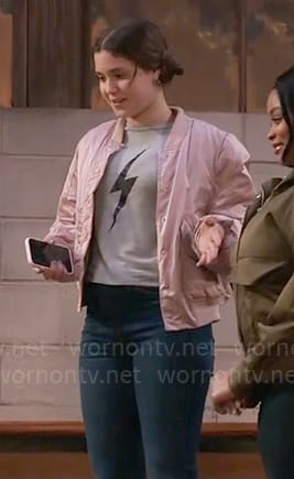 Grace's pink satin bomber jacket on Extended Family