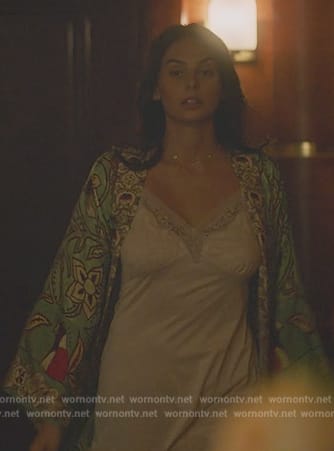 Leila's green floral print kimono on Death and Other Details