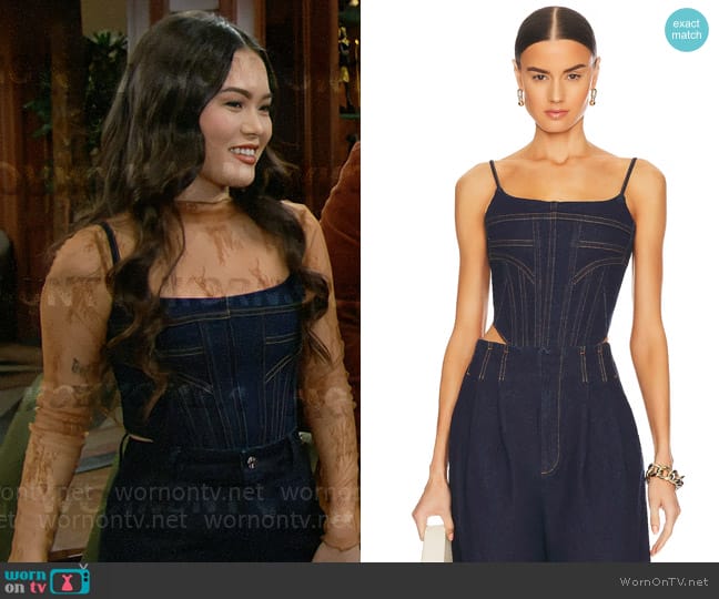 GRLFRND Denim Bustier worn by Luna (Lisa Yamada) on The Bold and the Beautiful