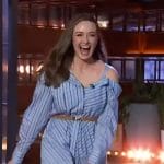 Hadley Vlahos’s blue stripe asymmetric dress on The Kelly Clarkson Show