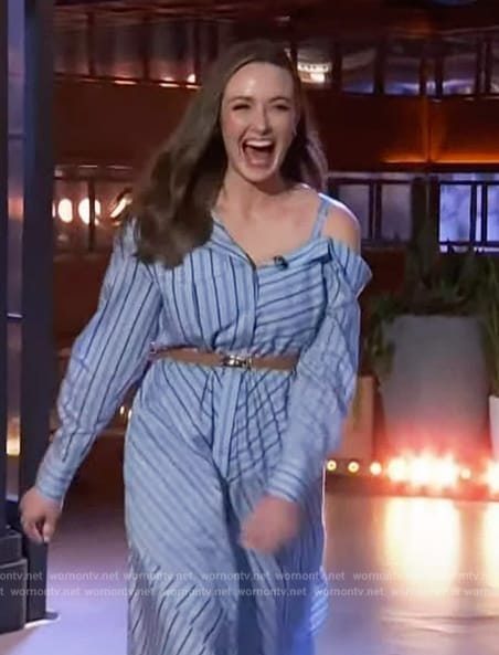 Hadley Vlahos's blue stripe asymmetric dress on The Kelly Clarkson Show