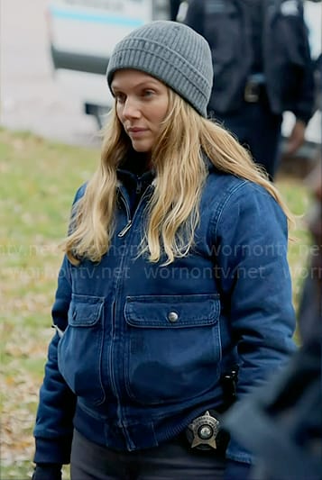 Hailey's denim bomber jacket with fleece collar on Chicago PD