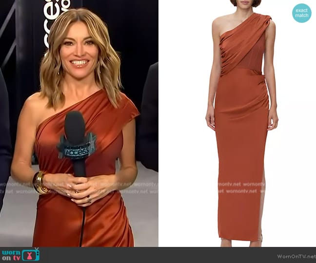 WornOnTV: Kit’s brown one shoulder drape dress on Access Hollywood ...