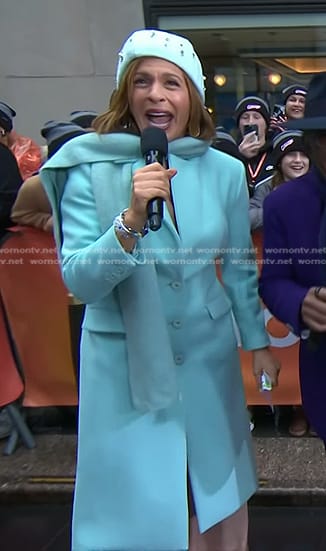 Hoda’s aqua blue coat and embellished beanie on Today