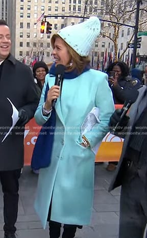 Hoda’s aqua blue coat and embellished beanie on Today