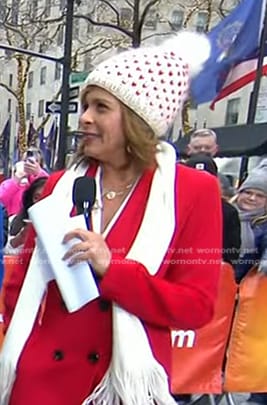 Hoda's white heart knit pom pom beanie on Today