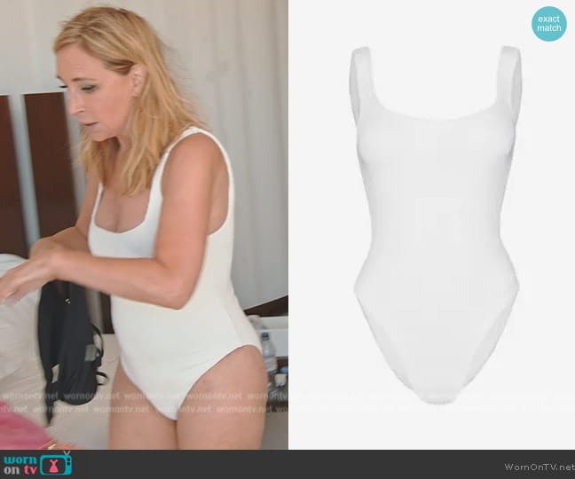 Sonja’s white textured swimsuit on Housewives Ultimate