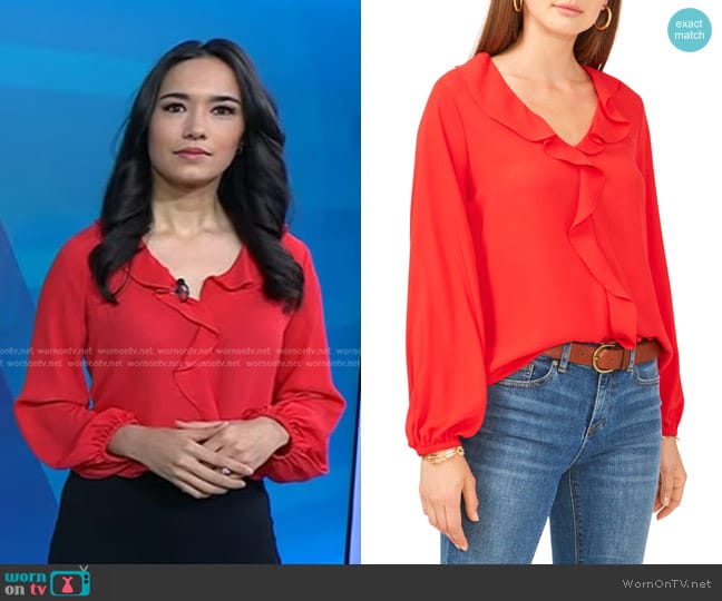 Vince Camuto Ruffle Neck Long Sleeve Georgette Blouse worn by Emilie Ikeda on Today