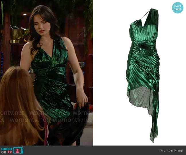 IRO Metallic-finish one-shoulder dress worn by Tessa Porter (Cait Fairbanks) on The Young and the Restless