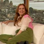 Isla Fisher’s colorblock sweater and belted pants on The Drew Barrymore Show