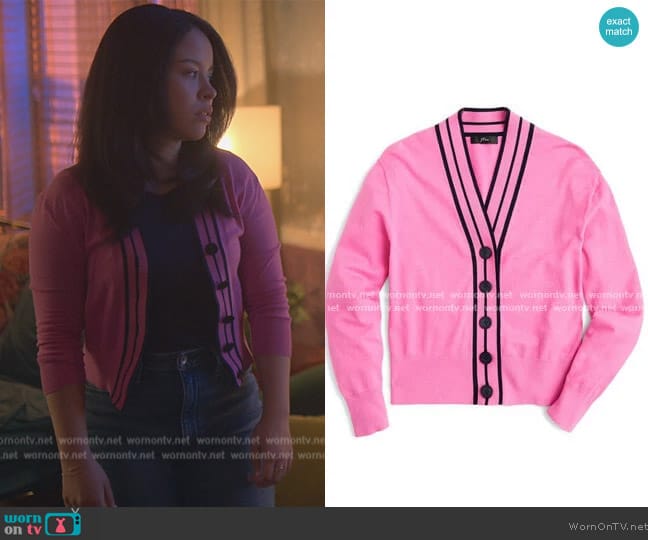 J. Crew Tipped Cotton Blend V-Neck Cardigan worn by Mariana Foster (Cierra Ramirez) on Good Trouble