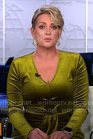 Jamie Yuccas' green velvet v-neck dress on CBS Mornings