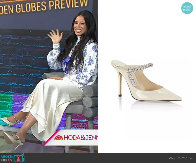 Jimmy Choo Bing 100 Embellished Patent Leather Mules in Linen worn by Naz Perez on Today