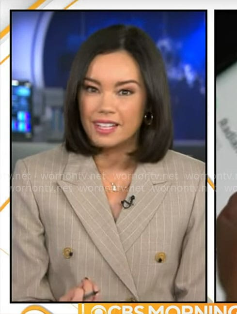 Jo Ling Kent’s beige pinstriped blazer on CBS Mornings