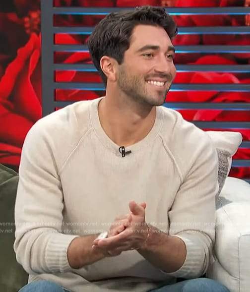 Joey Graziadei's beige knit sweater on Access Hollywood