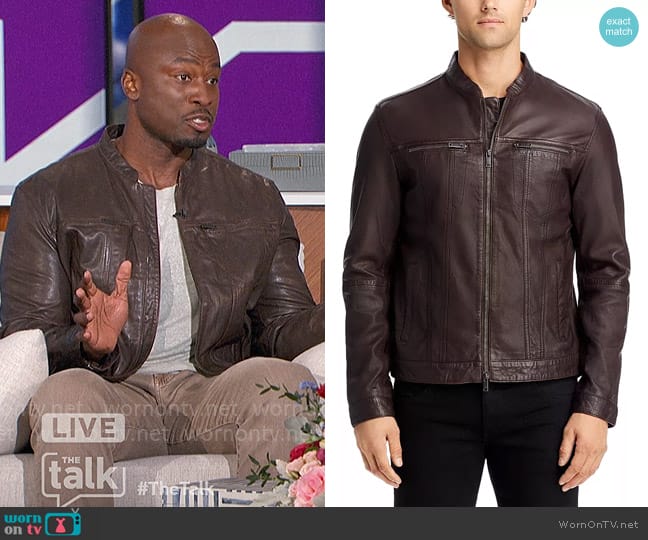 John Varvatos Leather Band Collar Moto Jacket worn by Akbar Gbajabiamila on The Talk