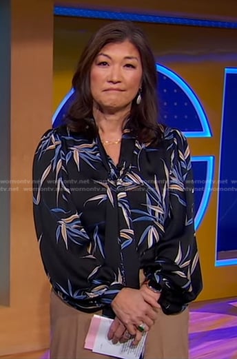 Juju Chang's black printed tie neck blouse on Good Morning America