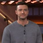 Justin Timberlake’s gray cardigan on The Kelly Clarkson Show