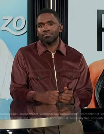 Justin’s burgundy zip front jacket on E! News