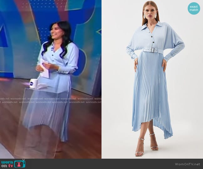 Karen Millen Jersey and Georgette Mix Belted Pleat Midi Dress worn by Reena Roy on Good Morning America