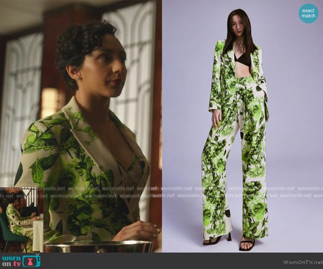 Karen Millen Spring Green Botanical Bunches Tailored Single Breasted Jacket worn by Anna (Lauren Patten) on Death and Other Details