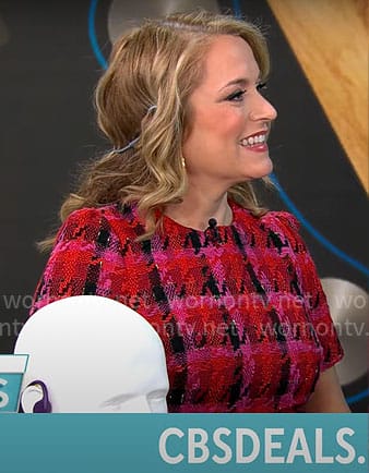 Katie Mcgee’s red houndstooth dress on CBS Mornings