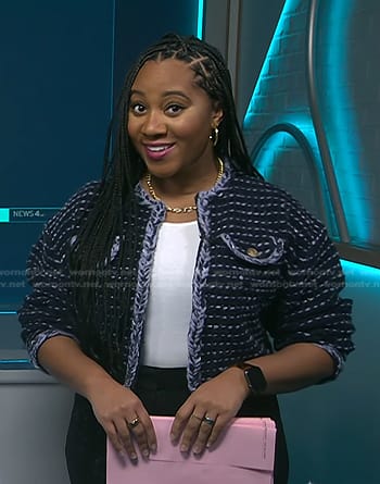 Kay's navy cropped knit cardigan on NBC News Daily