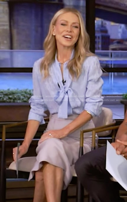 Kelly's blue printed tie neck blouse on Live with Kelly and Mark