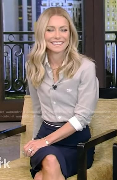 Kelly’s gray blouse and skirt on Live with Kelly and Mark