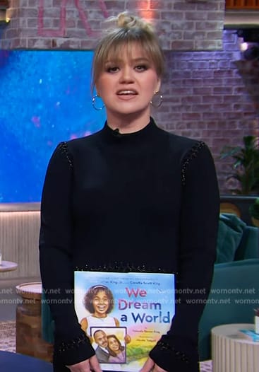 Kelly’s black embellished mock neck dress on The Kelly Clarkson Show