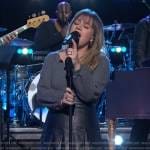 Kelly’s gray scoop neck sweater and leather skirt on The Kelly Clarkson Show