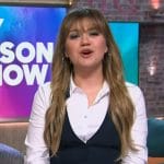 Kelly’s white embellished trim blouse with vest on The Kelly Clarkson Show