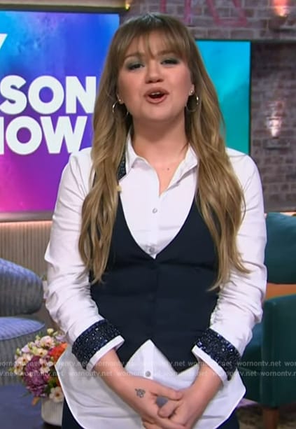 Kelly's white embellished trim blouse with vest on The Kelly Clarkson Show