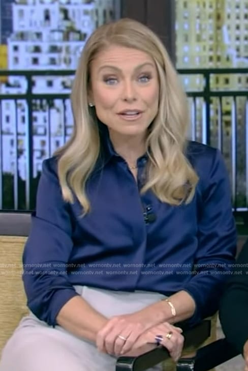 Kelly’s navy satin blouse on Live with Kelly and Mark