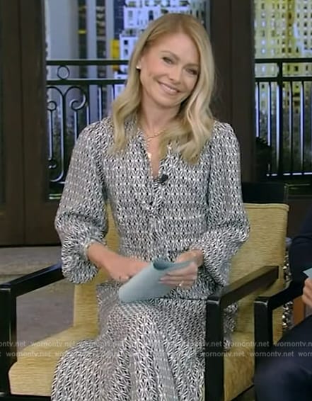 Kelly’s black printed tie neck dress on Live with Kelly and Mark