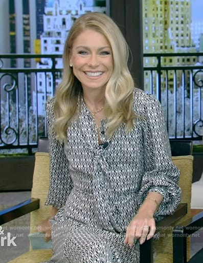 Kelly's black printed tie neck dress on Live with Kelly and Mark