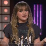 Kelly’s black Spice Girls graphic tee and pants on The Kelly Clarkson Show